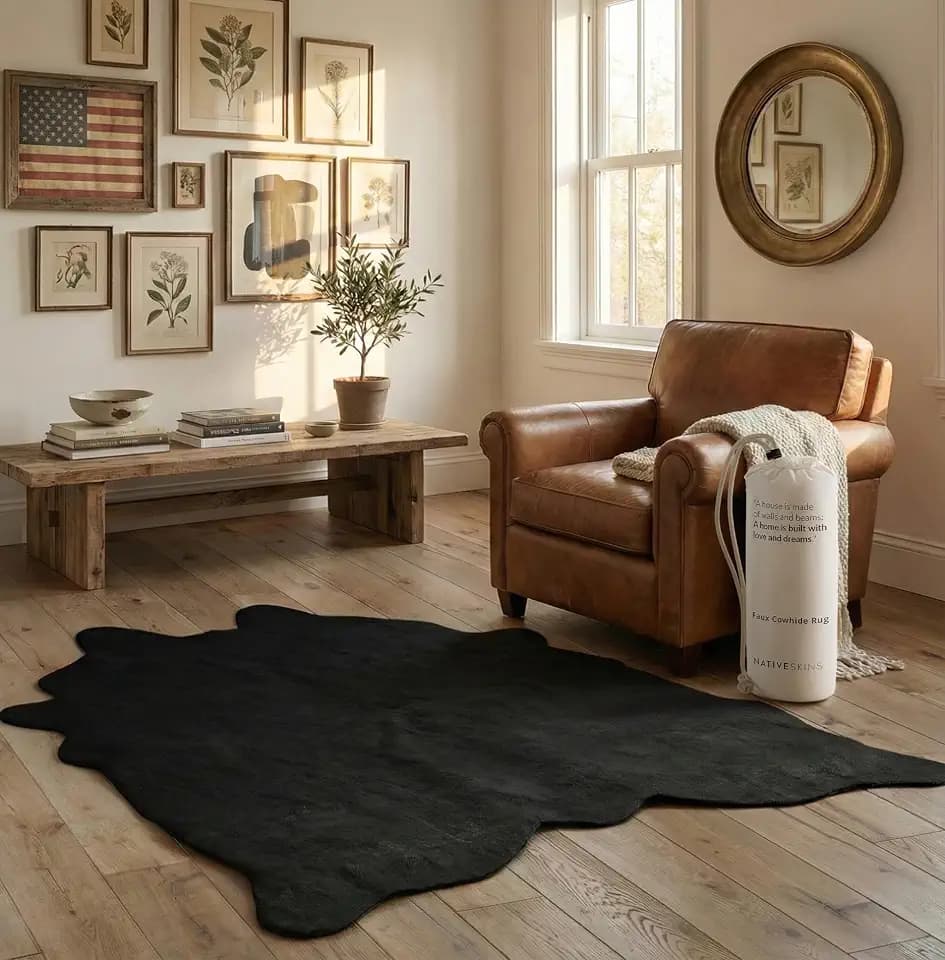 Faux Cowhide Rug 4'7"x6'7" - Black Cow Print Rug, Washable, Non-Shedding