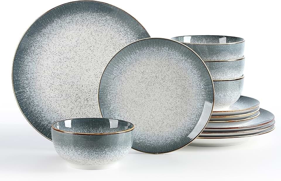 Sweejar Dinnerware Sets Service for 4, 12 pcs Porcelain Plates and Bowls for Kitchen, Housewaring Gift, Chip and Scratch Resistant Dish Set, Handmade Dishwasher and Microwave Safe Plate Set, LightGray