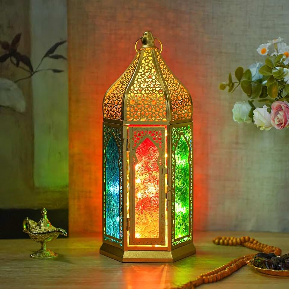 TRIROCKS Moroccan Lantern – 12'' Gold Hexagonal Candle Lantern with Tempered Glass & Hollow-Out Design, Decorative Indoor Outdoor Ramadan Lantern for Garden Yard Patio Wedding Parties Events