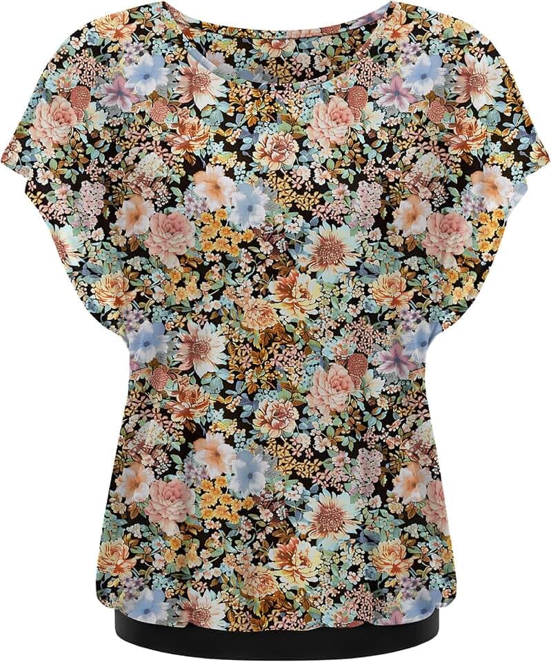 Hotouch Bluse Damen Elegant Sommer Lässig Mesh Oberteil Fledermausärmel Shirt Rundhals Doppellagige Tunika Blusen