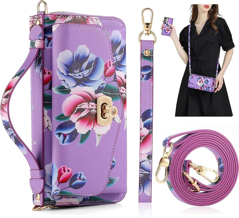 Wallet Case for Samsung Galaxy S26 Plus S26+ 5G with Shoulder Strap Magnetic Detachable Floral Mirror Flip Zipper Purse Card Holder PU Leather Phone Cover S 26 + 26+ S26Plus 26S SM-S947U Purple
