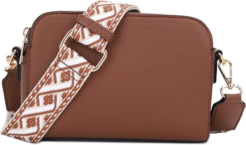 EVVE Crossbody Bags for Women Trendy Triple Zip Small Crossbody Camera Bag Purse with Wide Guitar Strap