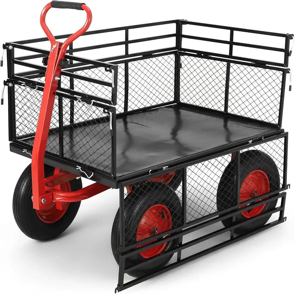 GarveeHome 1400Lbs Heavy Duty Steel Garden Cart, Garden Wagon Cart on Wheels, Metal Yard Utility Wagon with Removable Mesh Sides, 2-in-1 180° Rotating Handle and 16 Inch Wheels for Garden, Farm, Yard