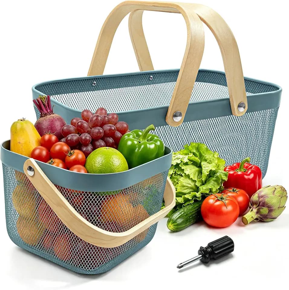 Cheardia 2 Pack Picnic Baskets, Metal Mesh Harvest Basket with Foldable Wooden Handle, Rectangle Garden Storage Basket Bin for Vegetable Fruit Garden Kitchen Cabinet Picking Gathering, Blue