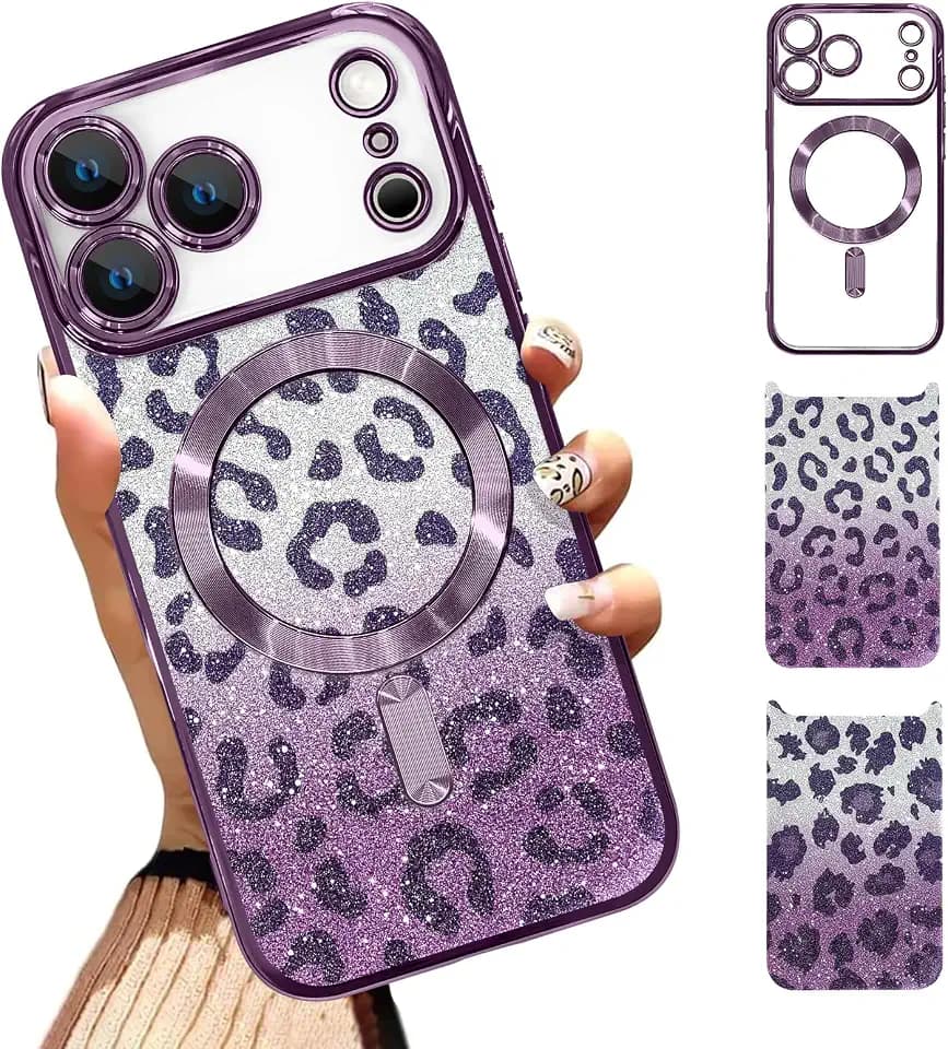 Glitter Phone Case for iPhone 17 Pro Max, Purple Leopard Print