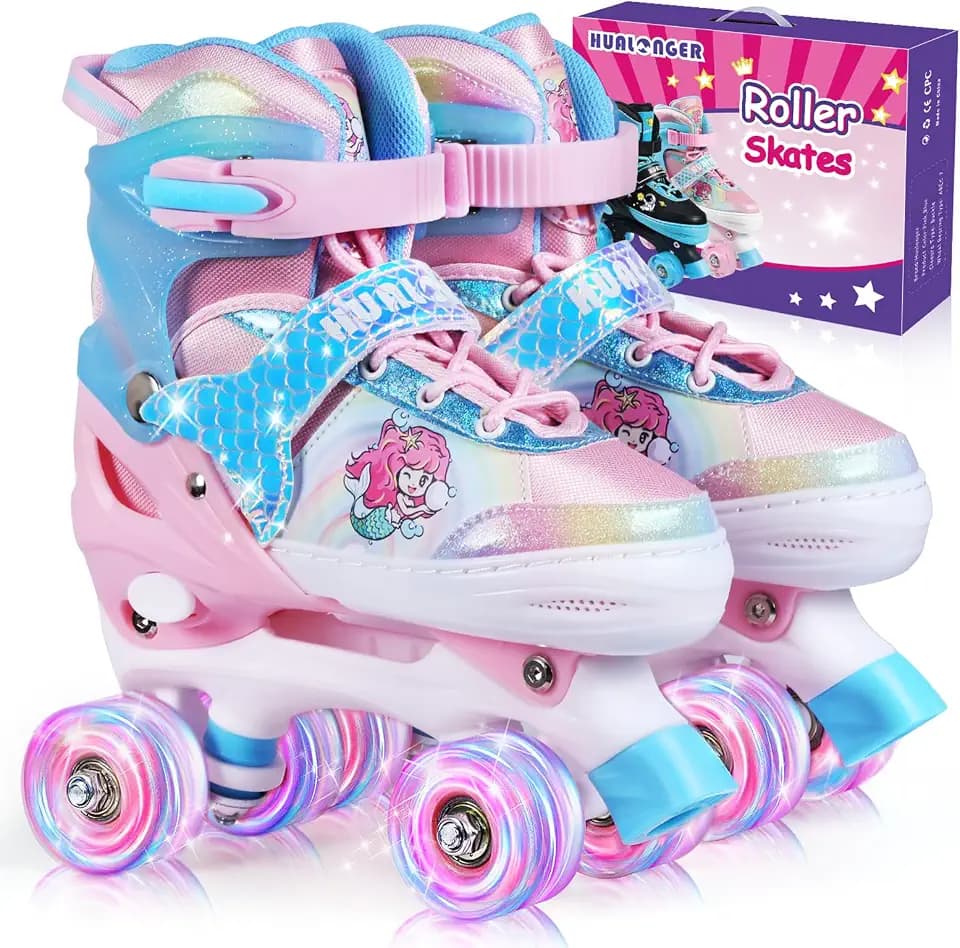 Roller Skates,4 Size Adjustable Roller Skates Kids,Light-Up Wheels and Adorable Cartoon Designs, Multiple Layers of Protection for Girls and Boys,Suitable Indoor Outdoor