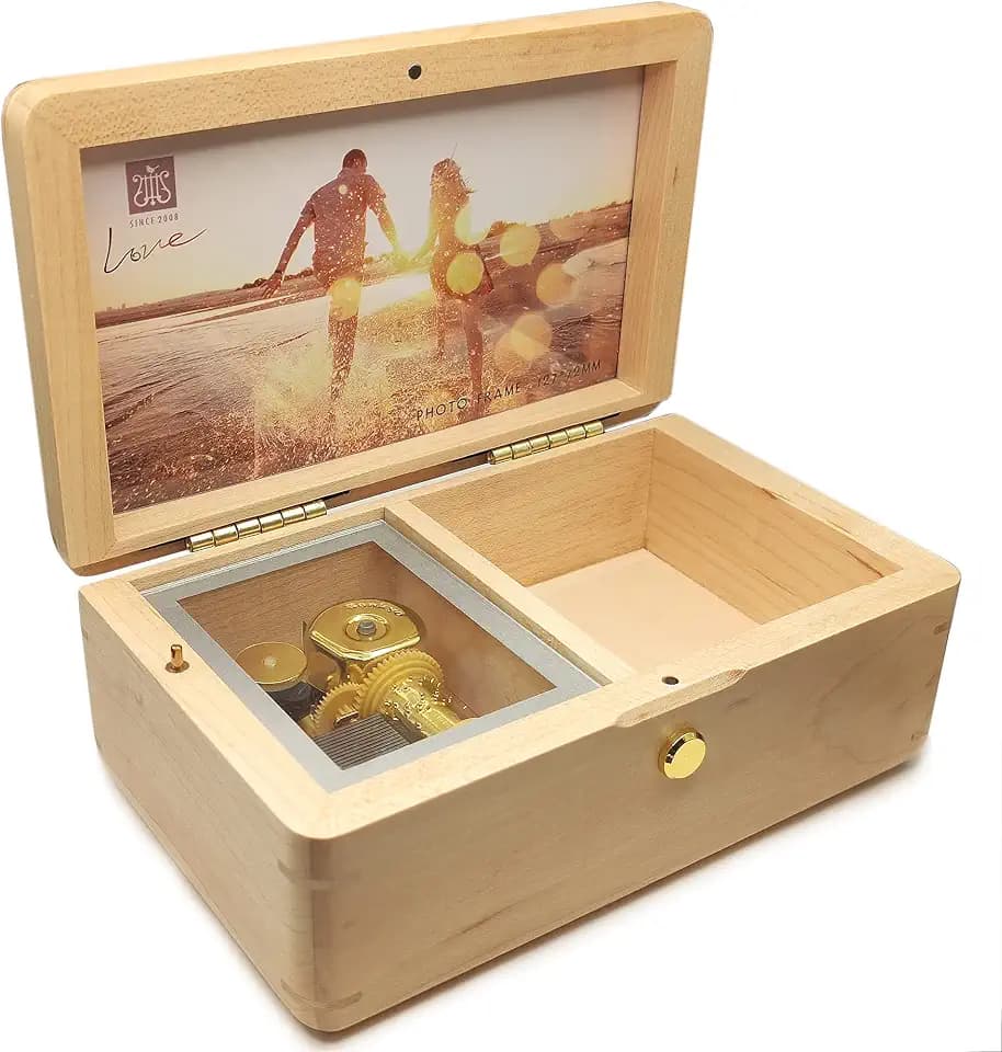 18 note wind up Solid Wood Jewelry Music Box with Photo Frame, the best gift for Christmas/Birthday/Valentine's Day/Mother's Day，Tune of You are My Sunshine. (Maple Wood)