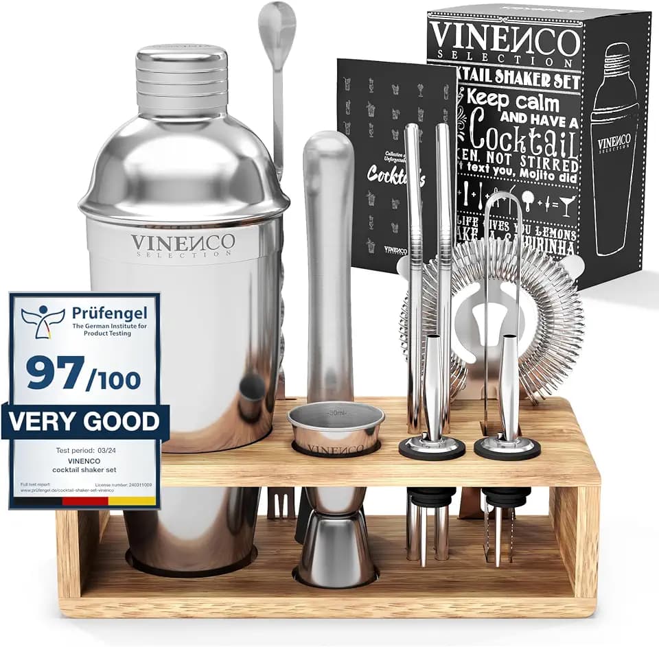 Cocktail Shaker Set mit Ständer & Rezeptbuch: Premium Edelstahl Bar Cocktailset Cocktailshaker Messbecher Strohhalme Barlöffel Stößel | Barkeeper Barset Cocktail-Zubehör Geschenk Frauen Männer