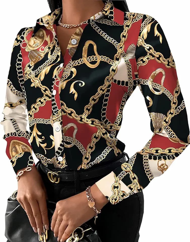 Buchona Outfits for Women Collar Blouses Button Down Shirts Colorful Long Sleeve Floral Print Tops Loose Sexy T-Shirts