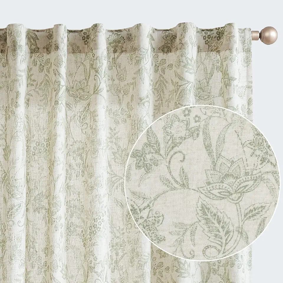 jinchan Green Floral Linen Curtains 63 Inch Cottagecore Back Tab 2 Panels
