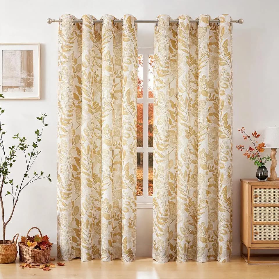 Wheat Gold Leaf Light Filtering Window Curtains, 55" Wx95 Lx2