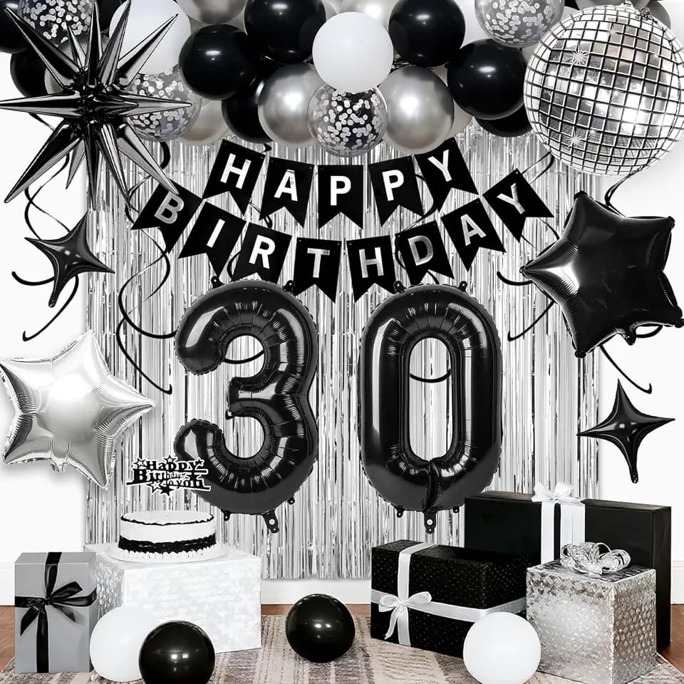 30th Birthday Decorations for Men, Black Silver Happy Birthday Party Set
