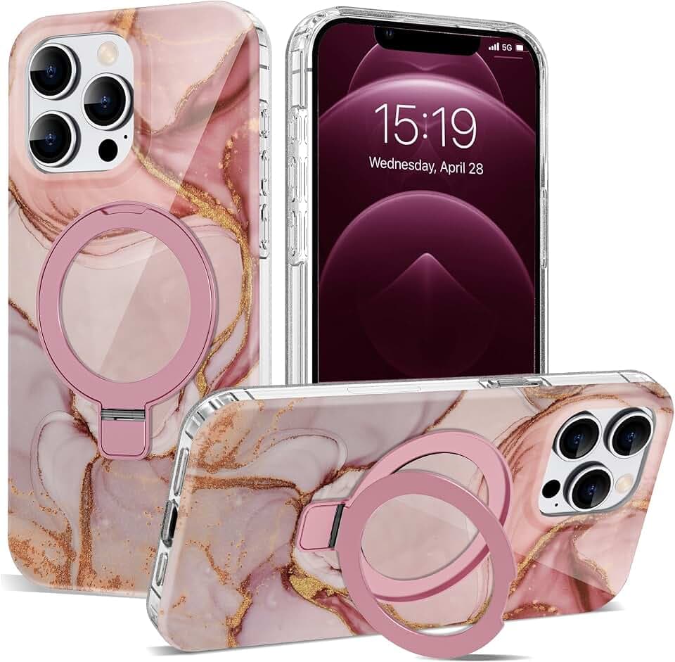 Marble Pattern Case for iPhone 12/12 Pro with Stand 6.1",M-Pink