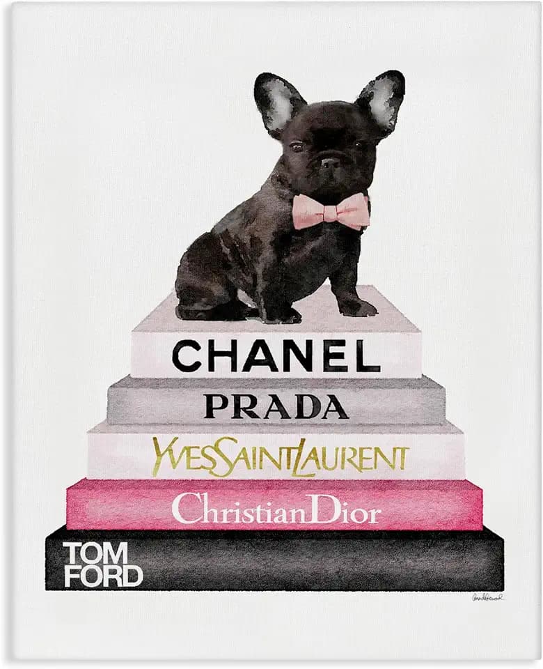 Glam French Bulldog Book Stack, 36 x 48 Inch Canvas Wall Art