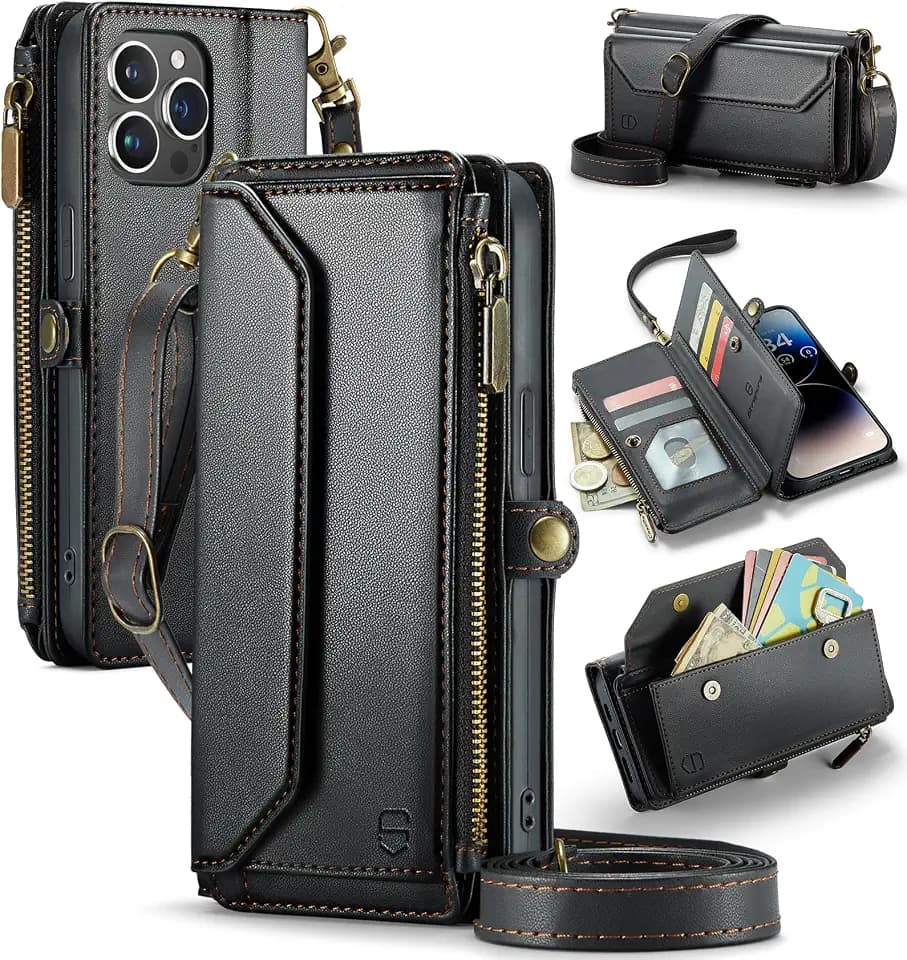 Strapurs for iPhone 14 Pro - Zipper Strap Wallet Case for Women, Black