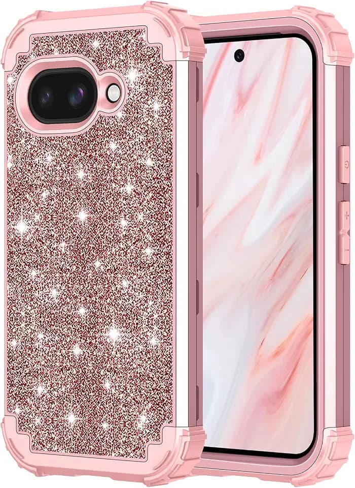 LONTECT for Google Pixel 9A Case Glitter Sparkle Three-Layer Shockproof Rugged Heavy Duty Hybrid Sturdy Full Body Protective Case for Google Pixel 9A,Rose Gold