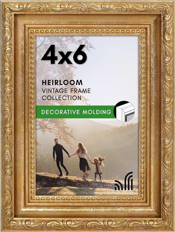 Americanflat 4x6 Picture Frame with Shatter-Resistant Glass - Vintage Frames with Easel - Ornate Picture Frames for Wall and Tabletop Display - Gold