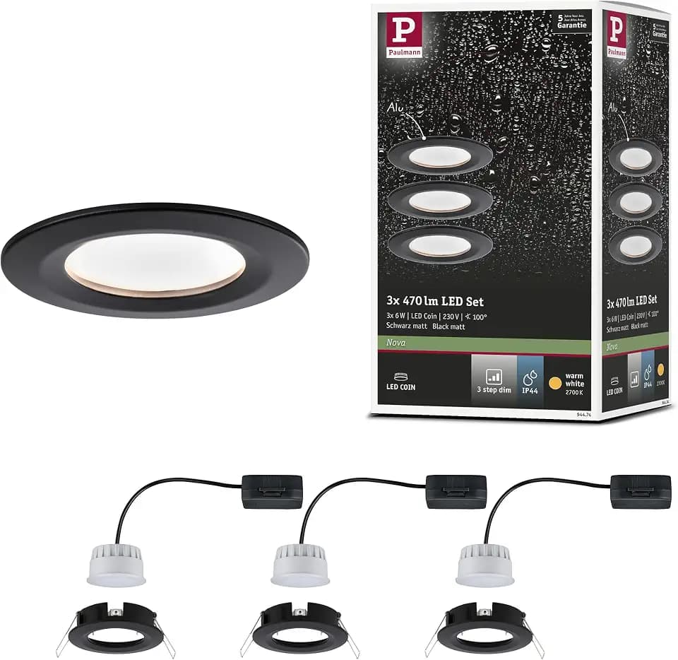 Paulmann 94474 Nova LED Einbauleuchte 3er Set starr Warmweiß 3-Stufen-dimmbar rund incl. 3x6,5 Watt dimmbar Einbaustrahler Schwarz matt Spot Alu Einbaulampe 2700 K Coin