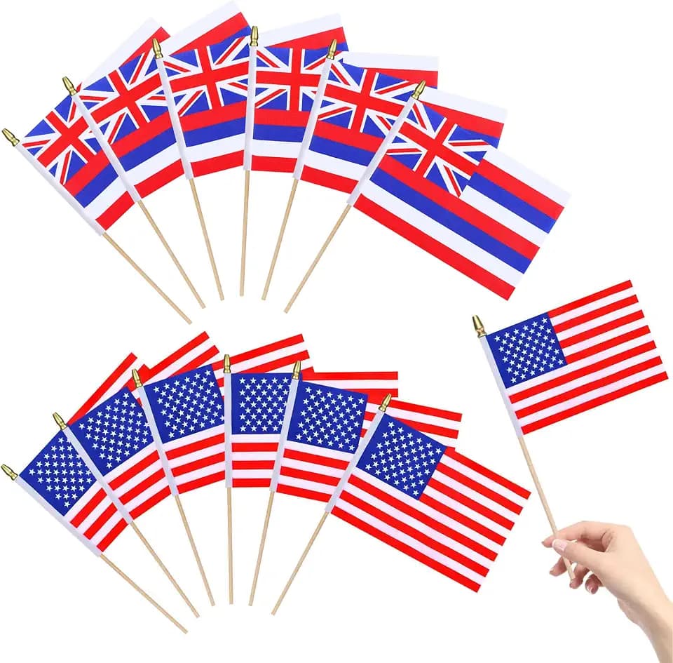 12Pack USA Hawaii Flags Mini HandHeld Flag Small Hawaiians State Flags on Wooden Stick Garden Outdoor Decorations,5x8 Inch