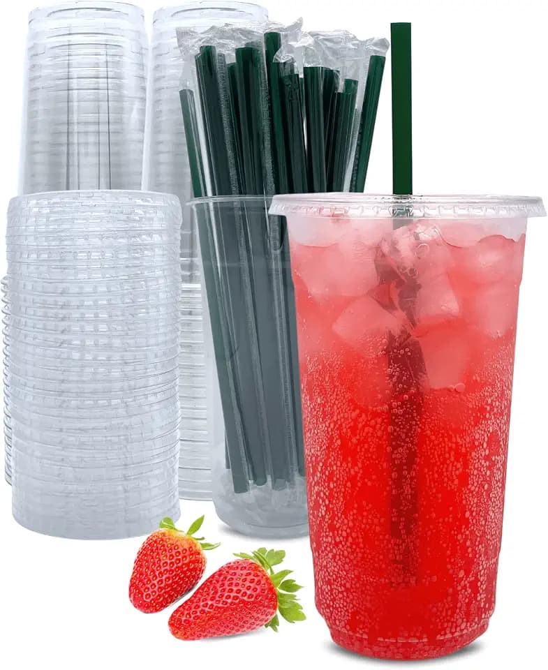 Aatriet [50 Sets] 32 oz Clear Plastic Cups with Lids and Straws, Disposable Coffee Cups
