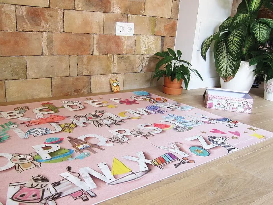 Laroom Teppich Bollato Kinder Design ABC, Vinyl antiliscante 100x133cm Rosa