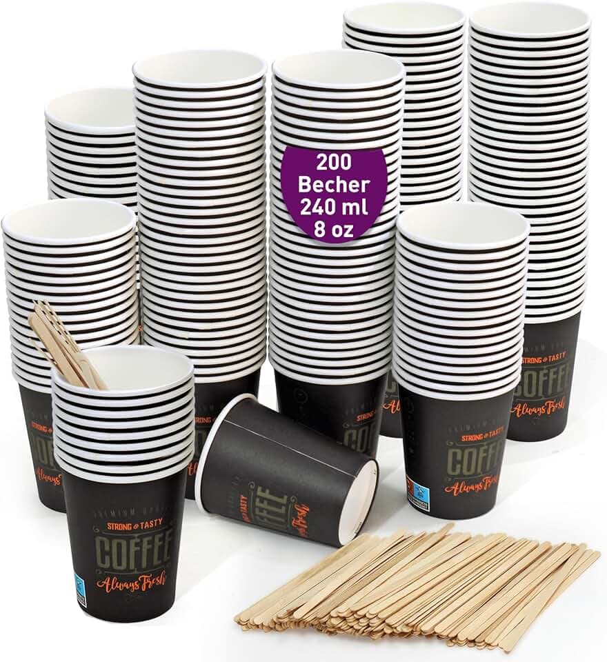 GoBeTree 200 Einweg-Espressotassen aus Pappe 240 ml mit hölzernen Kaffeerührern. Kaffeebecher zum Mitnehmen.
