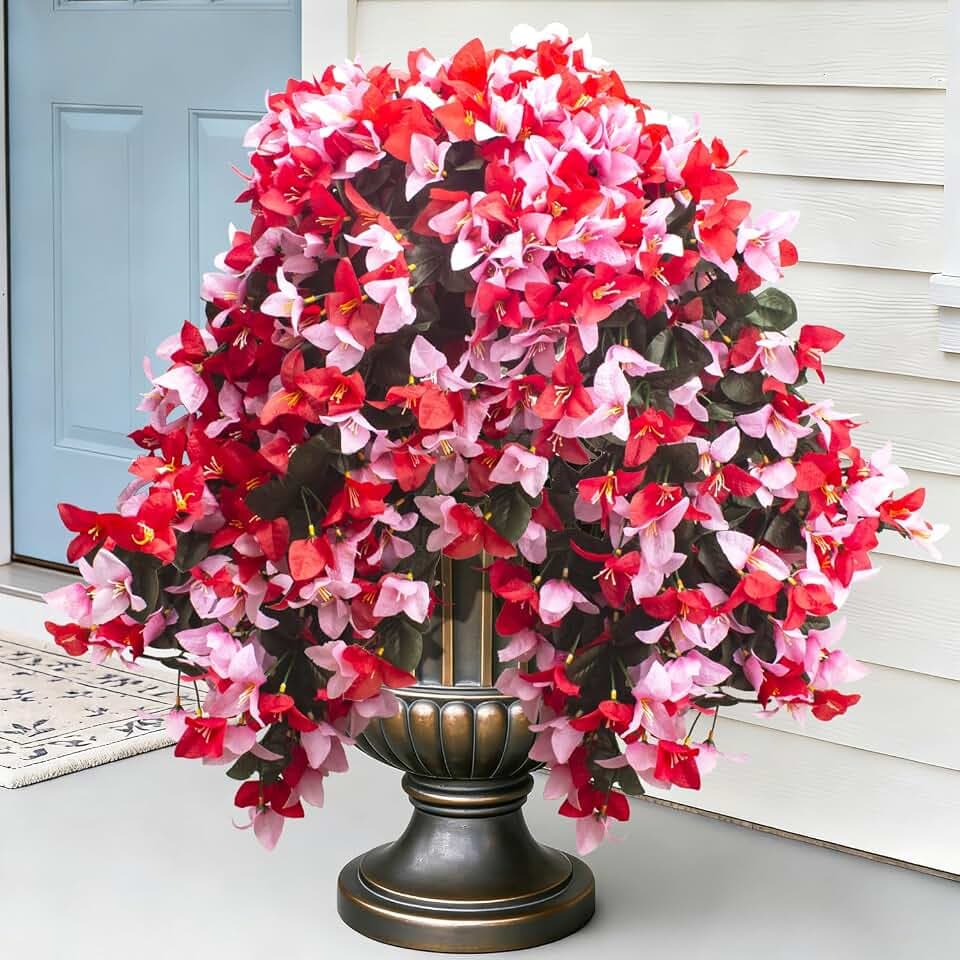 Grunyia 4 Pack Faux Bougainvillea Artificial Flowers, UV Resistant Silk Trailing Vines for Outdoors (Red&Pink)