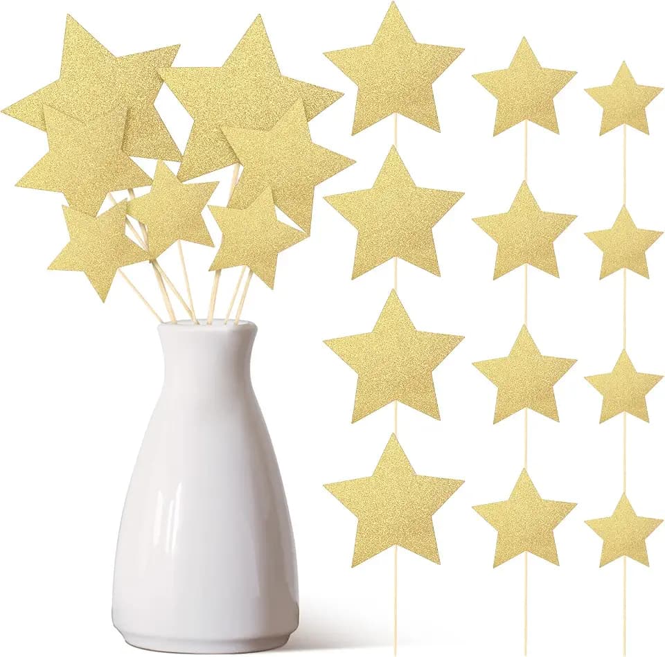 Reallnaive 42 Pcs Gold Star Centerpiece Sticks, Glitter Cake Toppers