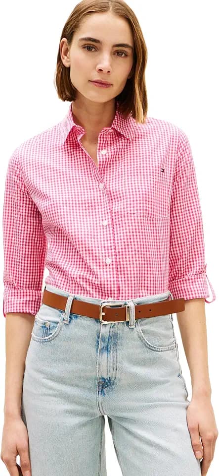 Tommy Hilfiger Women's Cotton Poplin Long Sleeve Button Down Shirt in Regular Fit with Roll Up Sleeve