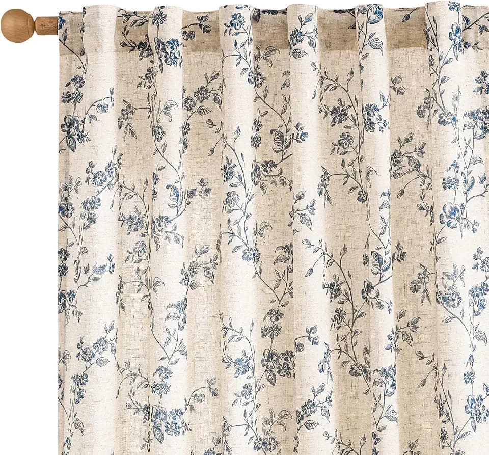 Lazzzy Extra Long Blue Vintage Floral Linen Curtains Farmhouse 2 Panels