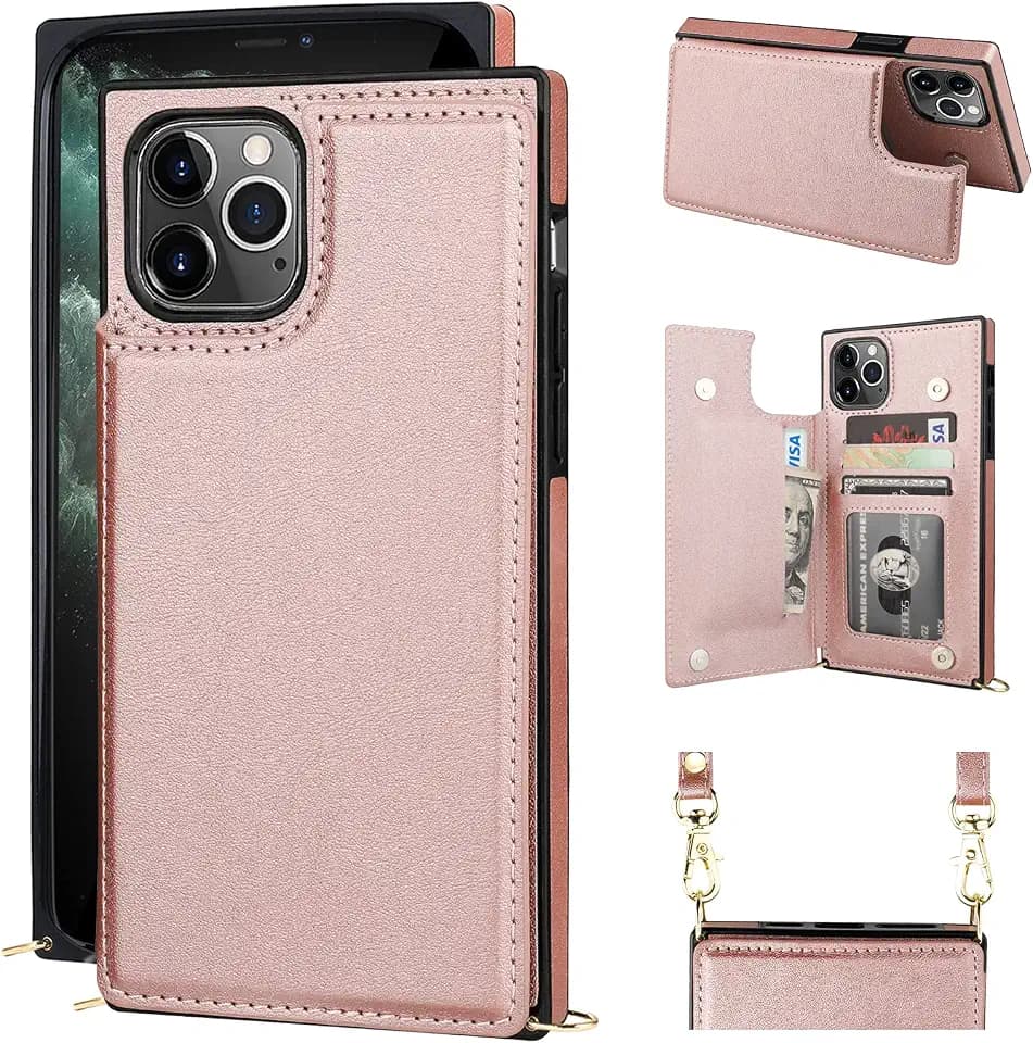 Bocasal Crossbody Wallet Case for iPhone 11 Pro Max Credit Card Holder PU Leather Kickstand Shockproof Detachable Cross Body Strap Lanyard Magnetic Closure 6.5 inch(Rose Gold)