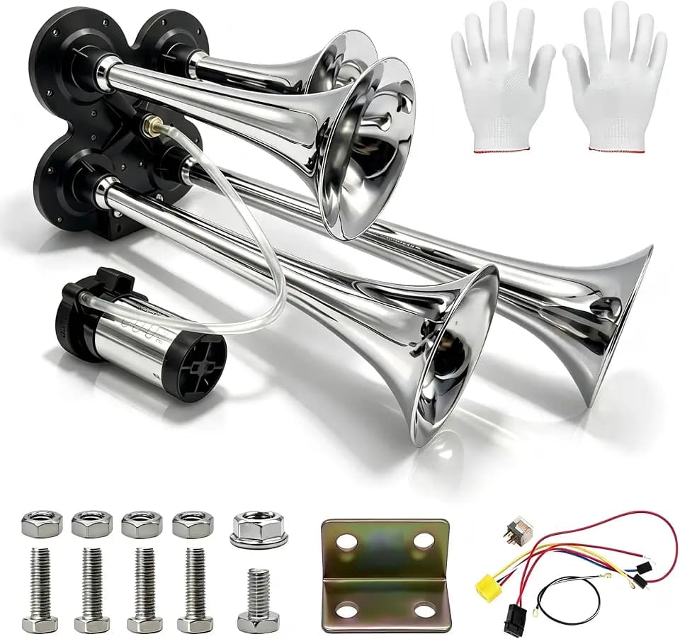 4 Trumpet Train Air Horn Kit, 180dB Truck Horn with 12V/24V Heavy-Duty Compressor, Waterproof Super Loud Air Horn for Trucks, Cars, SUVs, RVs, Vehicles (Silver)
