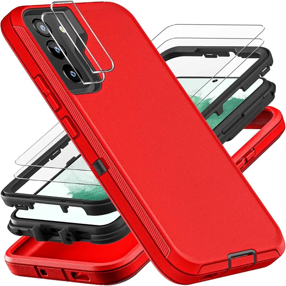 YKHJKLEC for Samsung Galaxy S22 Plus Case, Military Grade 3 in 1 Heavy Duty Shockproof/Drop Proof/Dust Proof Case with 2Pcs Tempered Glass Screen Protector & Camera Lens Protector (Red/Black)