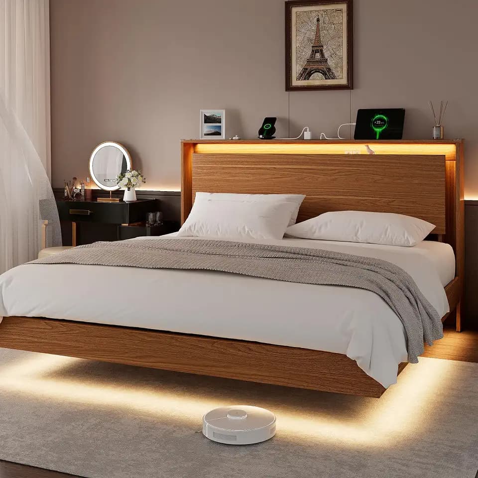 Einhomn King Size Bed Frame with LED Lights & Charging Station – Wood Floating Bed Frame with Storage Headboard, Adhesive Slats, Kick-Free & Noise-Free Design, Easy Assembly, Walnut