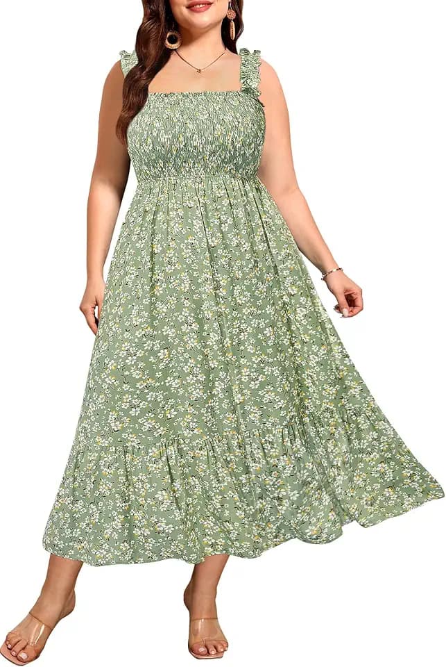 Pinup Fashion Plus Size Summer Floral Sundress Smocked Casual Long Dress