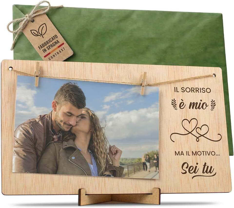 CONTRAXT Portafoto mollette San Valentino. Regalo romantico dettaglio sorpresa Cornice Portafoto buon San Valentino legno Quadri porta foto mollette polaroid uomo donna fidanzata (Coppia IT)