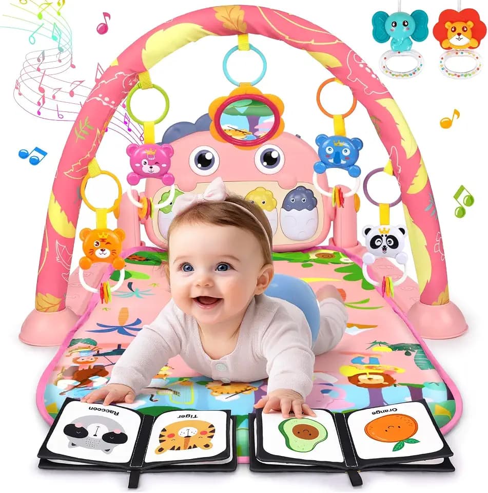 UMIKU Baby Play Mat Tummy Time Mat Girl High-Contrast Cloth Pink Dinosaur