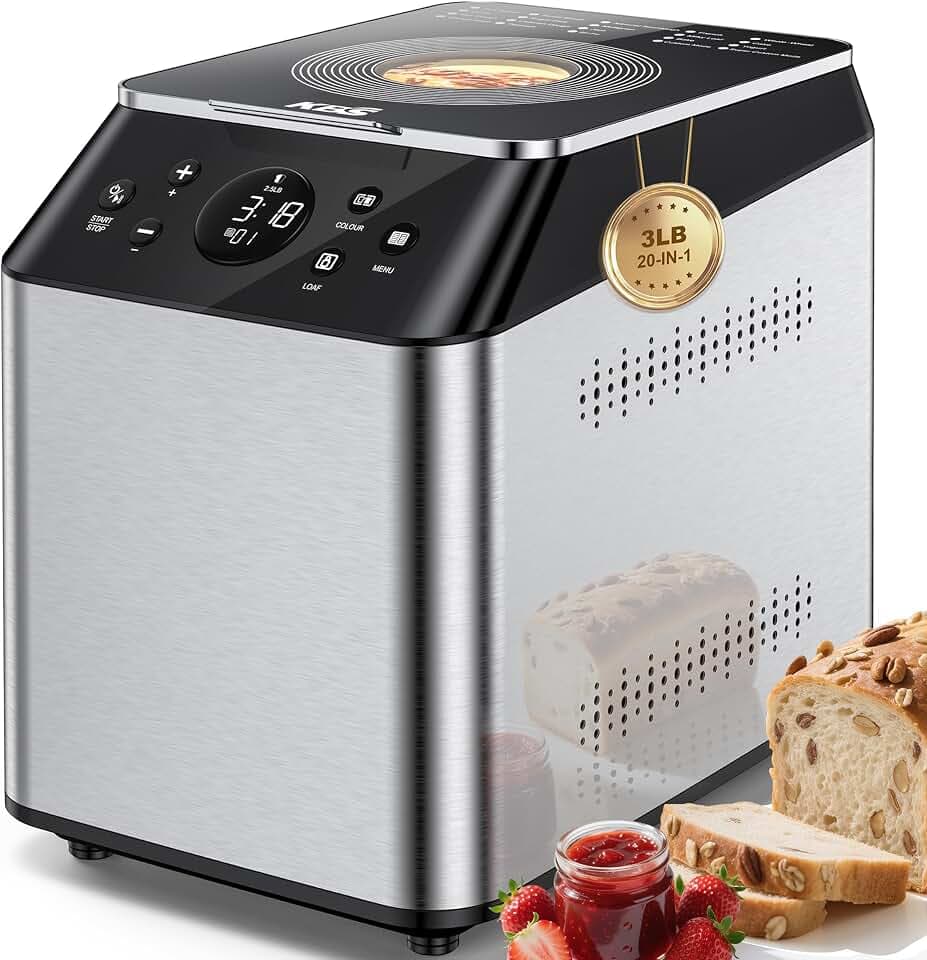 KBS 750W Programmable Bread Maker, Dual Heaters Bread Machine with 3LB Ceramic Pan & Fruit Dispenser,20-in-1 Stainless Steel Automatic Bread Maker Machine with Quiet Brushless Motor,15H Timer,3 Colors