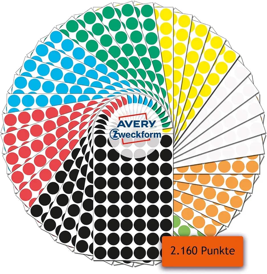 AVERY Zweckform 59999 selbstklebende Markierungspunkte 2.160 Stück (Ø12mm, 8 Farben mit je 270 Klebepunkte auf 5 Bogen, Farbcodierung, runde Aufkleber für Kalender, Planer und zum Basteln, Papier)