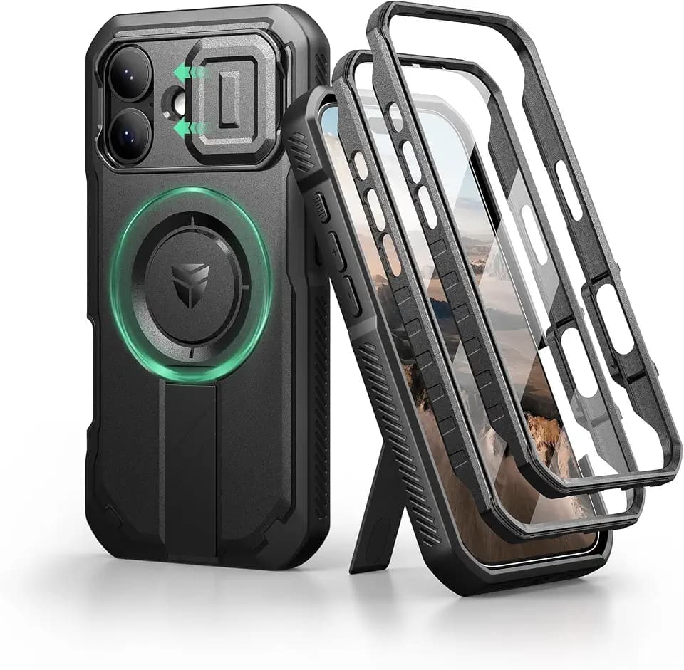 Dexnor for iPhone 17 Case with Slide Camera Cover & Adjustable Kickstand & Built-in Screen Protector, Compatible with MagSafe, Rugged Bumper Cases Heavy-Duty Magnetic Protective Cover 6.3 Inch, Black
