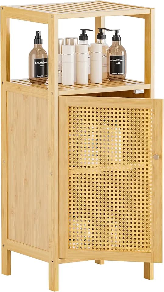 HITNET Rattan Badezimmerschrank, Kleiner Bambus Badschrank mit Einzeltür, Freistehender Bodenaufbewahrungsschrank Schmaler Seitenorganizer für Bad, Küche, Wohnzimmer, Natur