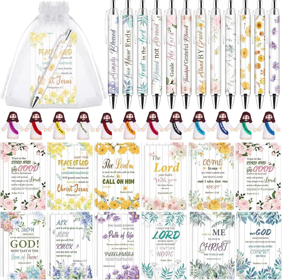 24 Sets christlicher Bibelvers Notizbücher Geschenke Mini Jesus Figuren religiöse Kugelschreiber Organzabeutel Jesus liebt dich Figuren Gastgeschenke für Frauen Kinder Sonntagsschule