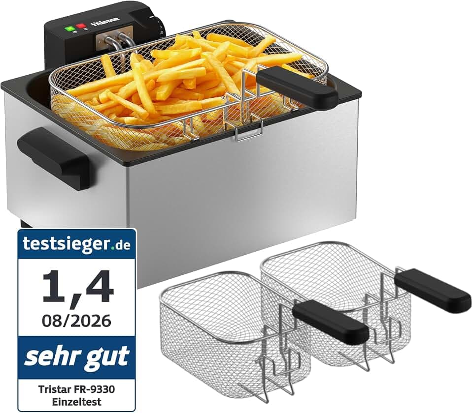 Tristar Edelstahl-Fritteuse, 5 L Fassungsvermögen, 3000 W, Herausnehmbarer Korb, Einstellbare Temperatur, Semi-Professionelle Leistung, FR-9330