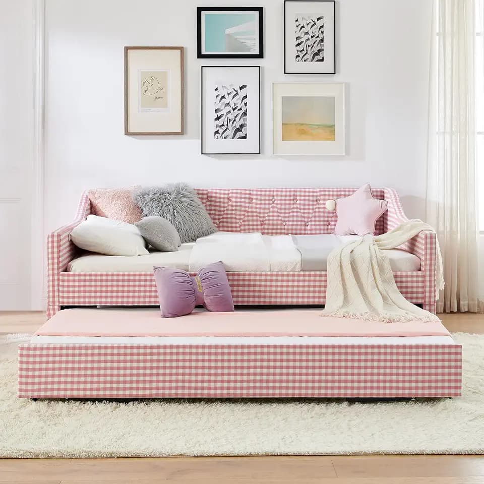 DNYN Gingham Daybed with Pull-Out Trundle and Side Pocket for Bedroom/Guest Room, Full Size Upholstered 3-in-1 Versatile Sofabed Frame with Tufted Button Backrest, Space-Saving & No Box Spring Needed