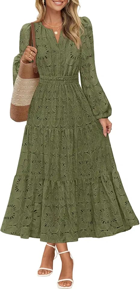 MEROKEETY Women's Fall Long Sleeve Eyelet Lace Floral Maxi Dress