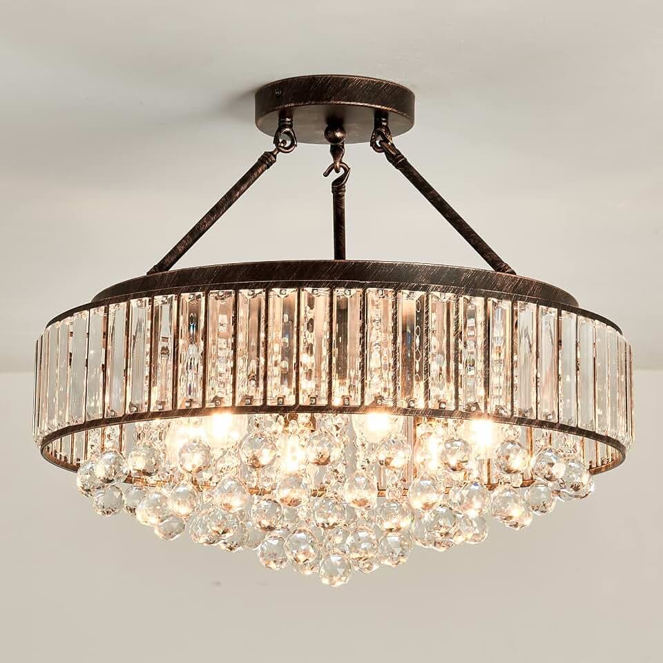 YYJLX 6 Light Modern Crystal Oil Rubbed Bronze Metal Semi Flush Mount Ceiling Light Fixture E26 Indoor Round Ceiling Lamp for Dining, Living, Foyer, Kitchen, Bedroom