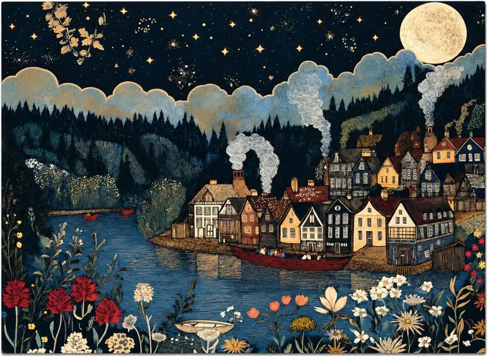 500 Piece Jigsaw Puzzle for Adults, Moonlit Lakeside Village
