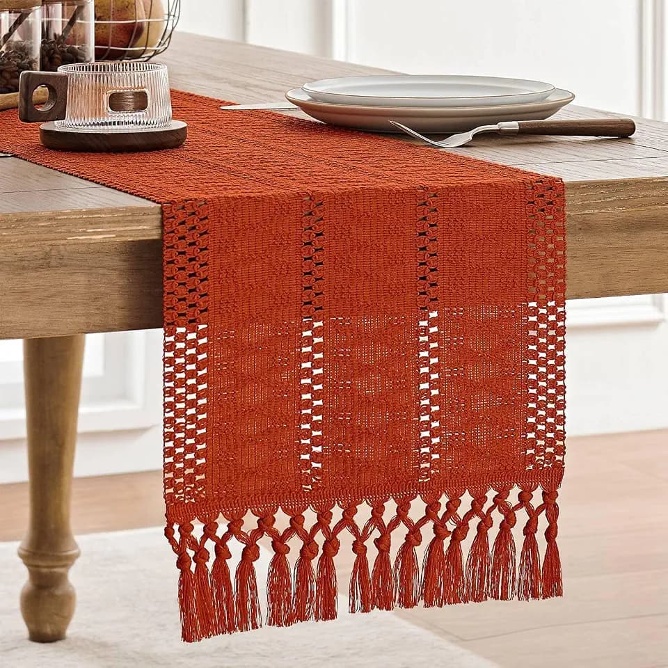 ZeeMart Macrame Style Boho Table Runner, 12x108 Inch Dark Orange