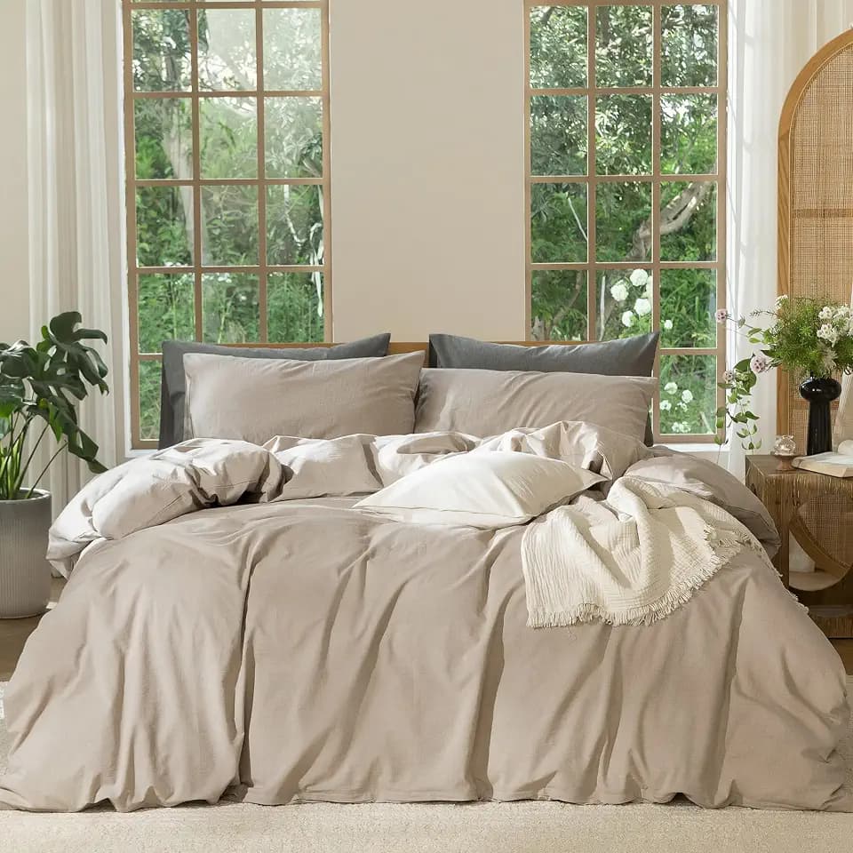 MooMee Duvet Cover Set 100% Washed Cotton Linen Like Queen