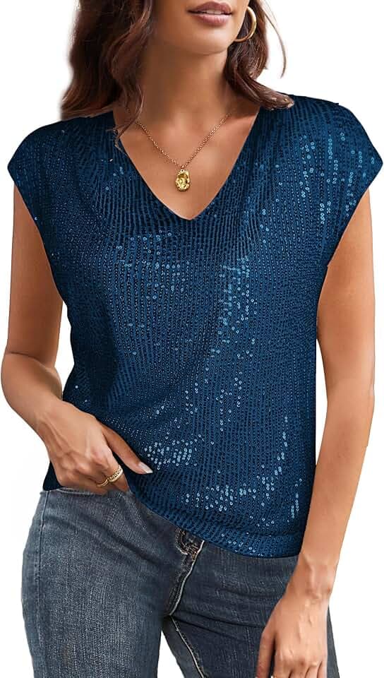 GRACE KARIN Damen Pailletten Bluse V-Ausschnitt Glitzer Oberteile Kurzarm Vintage Paty-Bluse Cocktail Club Night Outfits